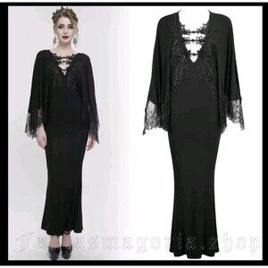 Eva Lady Gothic Bohemian Dress ESKT040 Black Lace Batwing Sleeve XS S Devil...
